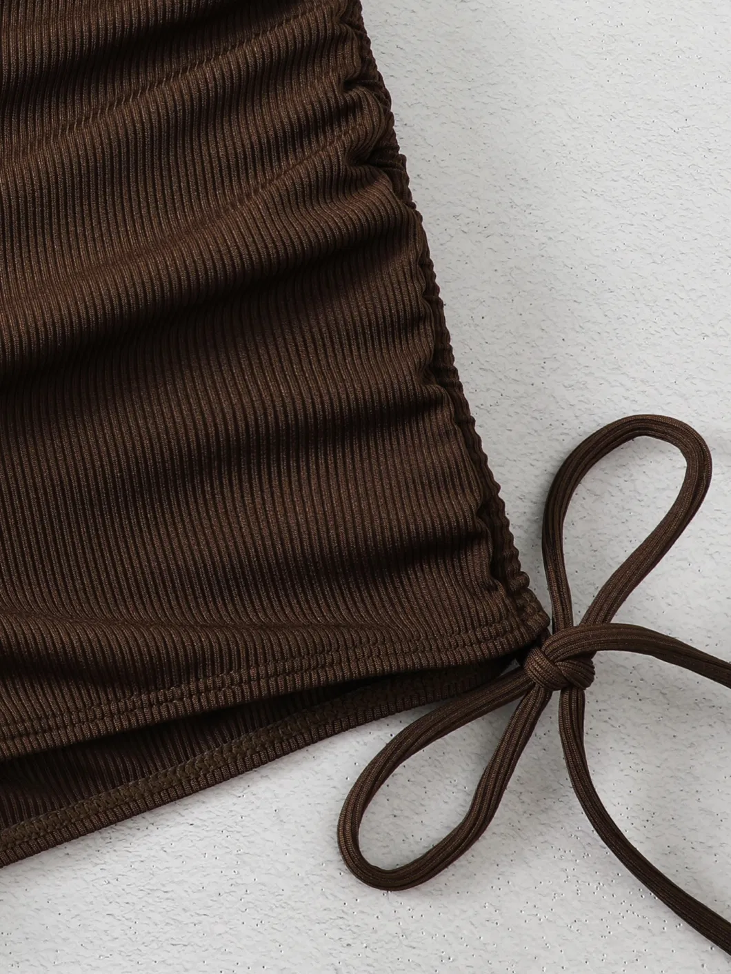 2024 Split Solid Color Pit Stripe Fabric Lace up Flat Corner Pants Sexy Bikini Bow Swimsuit Neck Tie Brown Colour Two Pieces Woman Rib Fabric