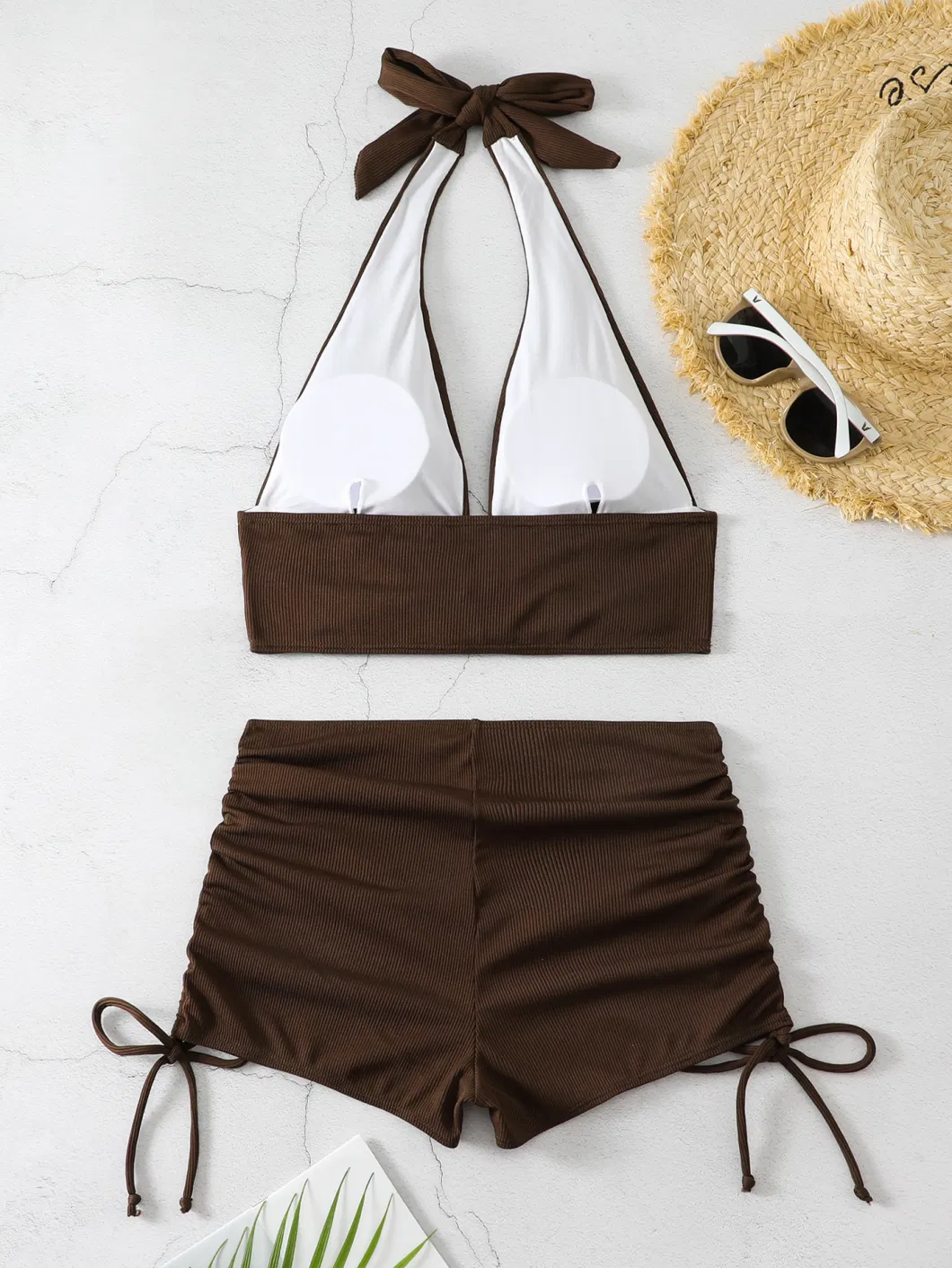2024 Split Solid Color Pit Stripe Fabric Lace up Flat Corner Pants Sexy Bikini Bow Swimsuit Neck Tie Brown Colour Two Pieces Woman Rib Fabric