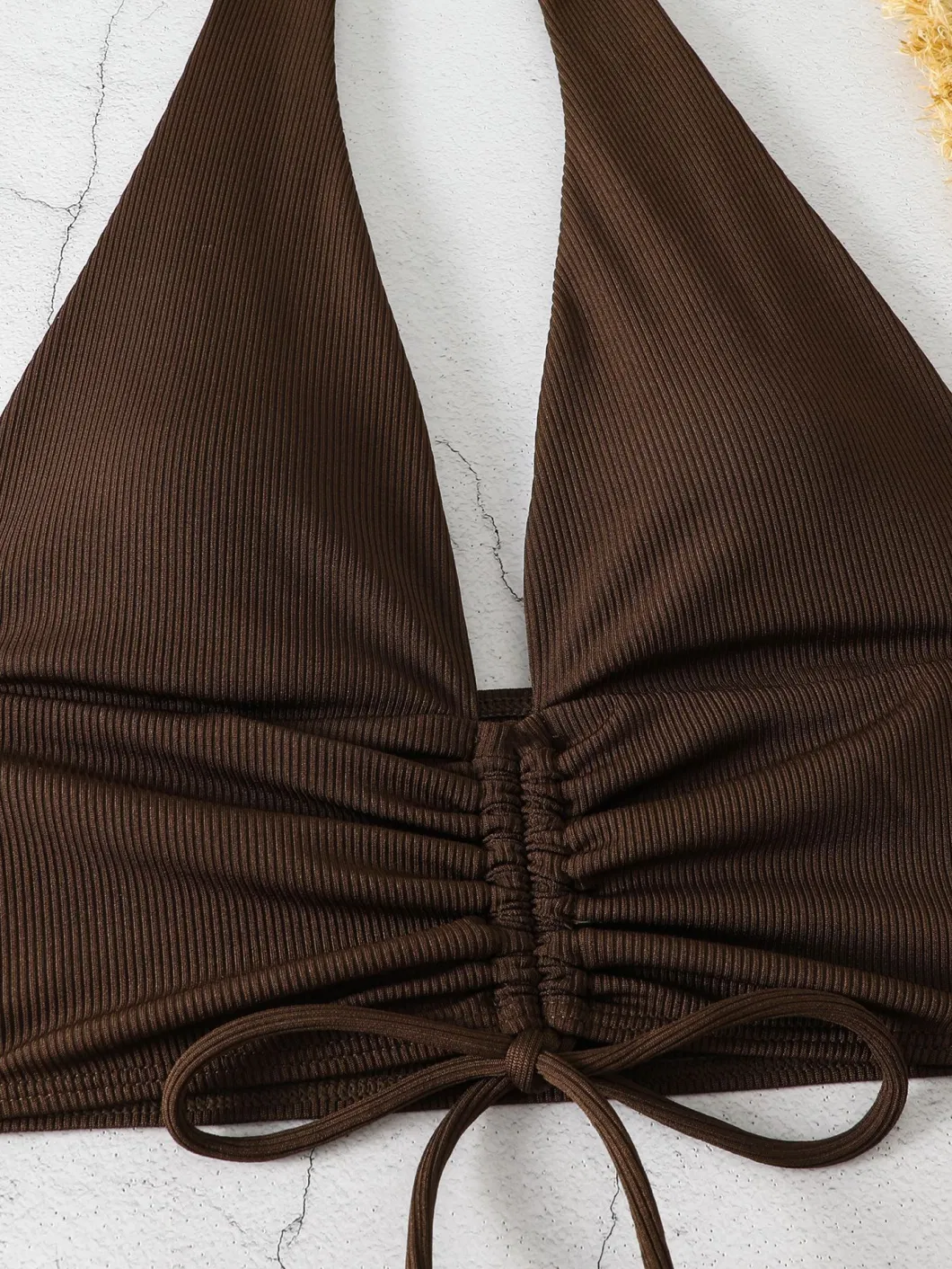 2024 Split Solid Color Pit Stripe Fabric Lace up Flat Corner Pants Sexy Bikini Bow Swimsuit Neck Tie Brown Colour Two Pieces Woman Rib Fabric