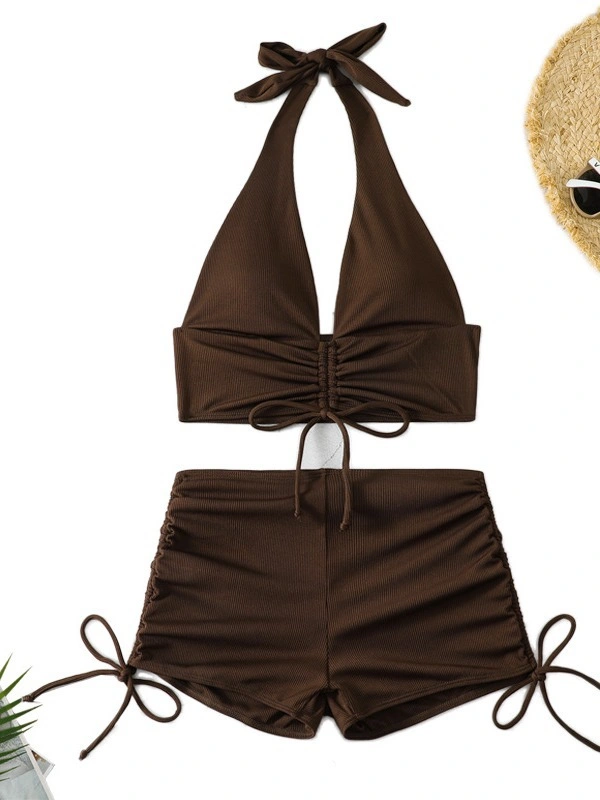 2024 Split Solid Color Pit Stripe Fabric Lace up Flat Corner Pants Sexy Bikini Bow Swimsuit Neck Tie Brown Colour Two Pieces Woman Rib Fabric