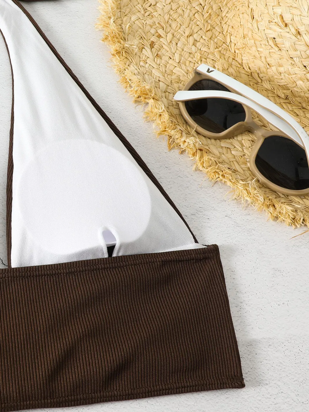 2024 Split Solid Color Pit Stripe Fabric Lace up Flat Corner Pants Sexy Bikini Bow Swimsuit Neck Tie Brown Colour Two Pieces Woman Rib Fabric