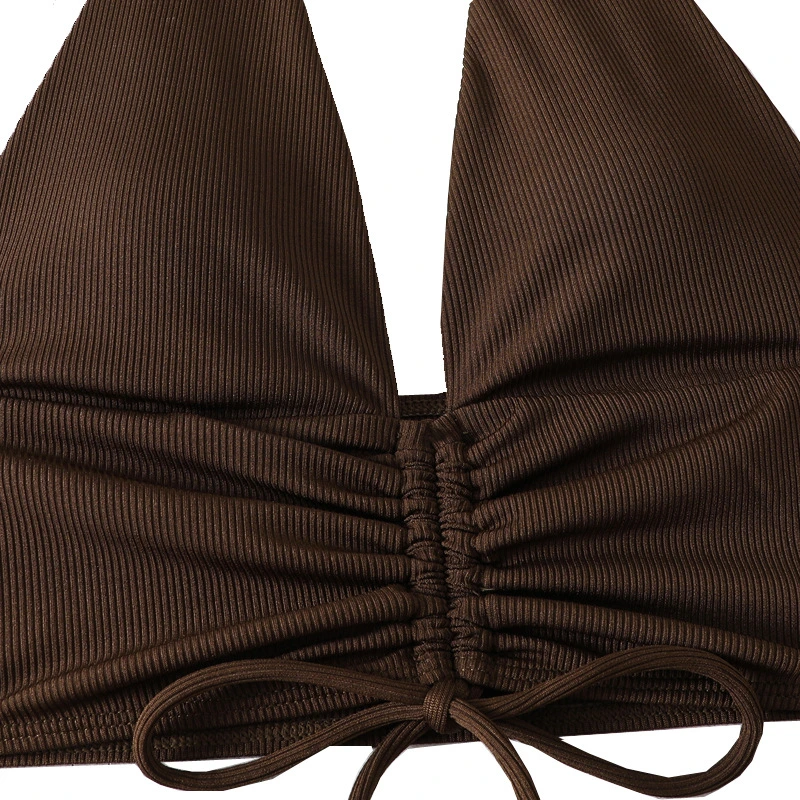 2024 Split Solid Color Pit Stripe Fabric Lace up Flat Corner Pants Sexy Bikini Bow Swimsuit Neck Tie Brown Colour Two Pieces Woman Rib Fabric