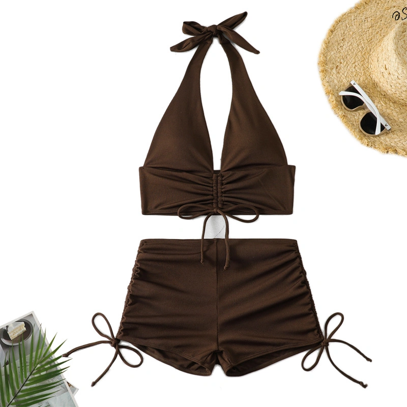 2024 Split Solid Color Pit Stripe Fabric Lace up Flat Corner Pants Sexy Bikini Bow Swimsuit Neck Tie Brown Colour Two Pieces Woman Rib Fabric