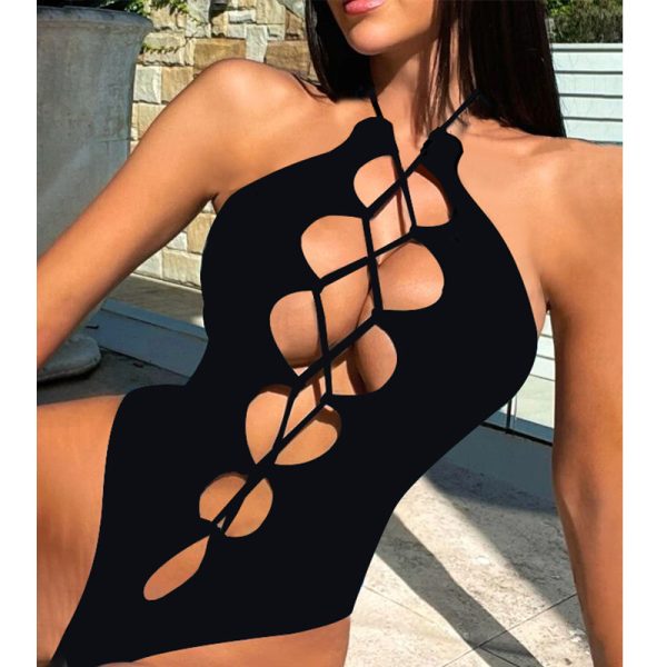 Hollowed out Lace-up Sexy One-Piece Swimsuit Black Tight Swimsuit Women′ S Lace-up One-Piece Bikini