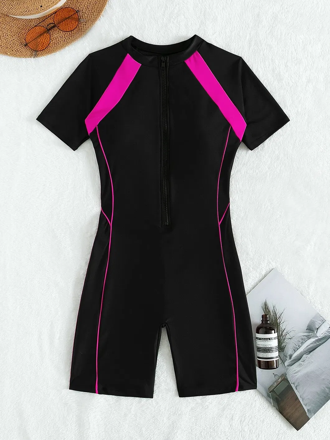 2025 New One Piece Short Sleeve Contrast Fluorescent Color Surfing Swimsuit for Women
