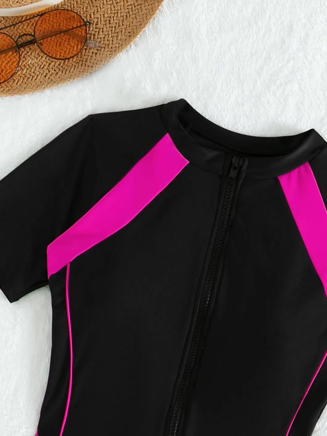 2025 New One Piece Short Sleeve Contrast Fluorescent Color Surfing Swimsuit for Women