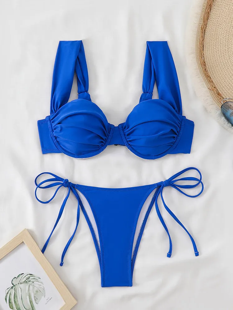 Women Two Pieces Solid Color Bikini Underwire Swimwear