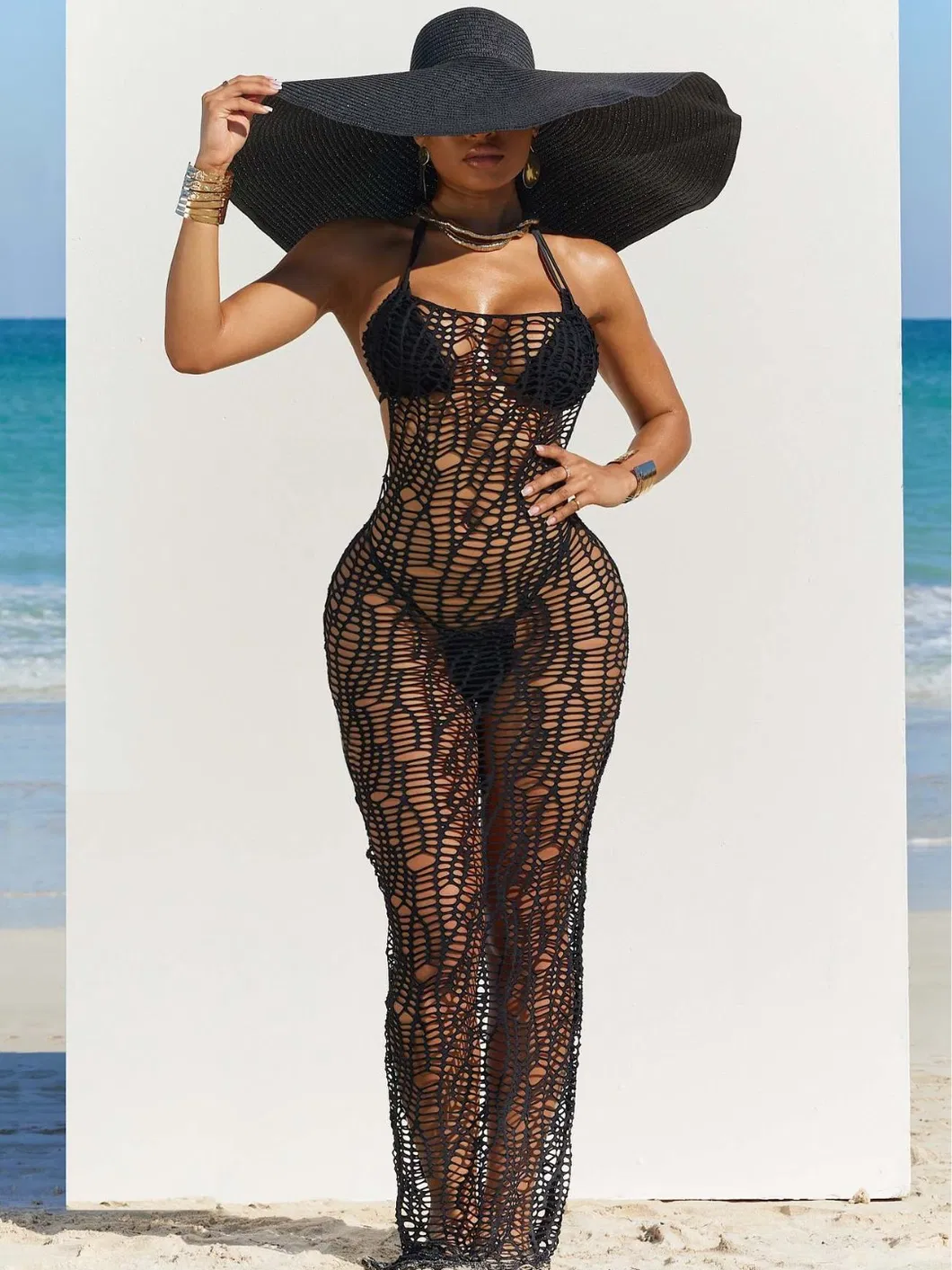 Women Long Dress Cutout Halter Solid Color Long Cover up