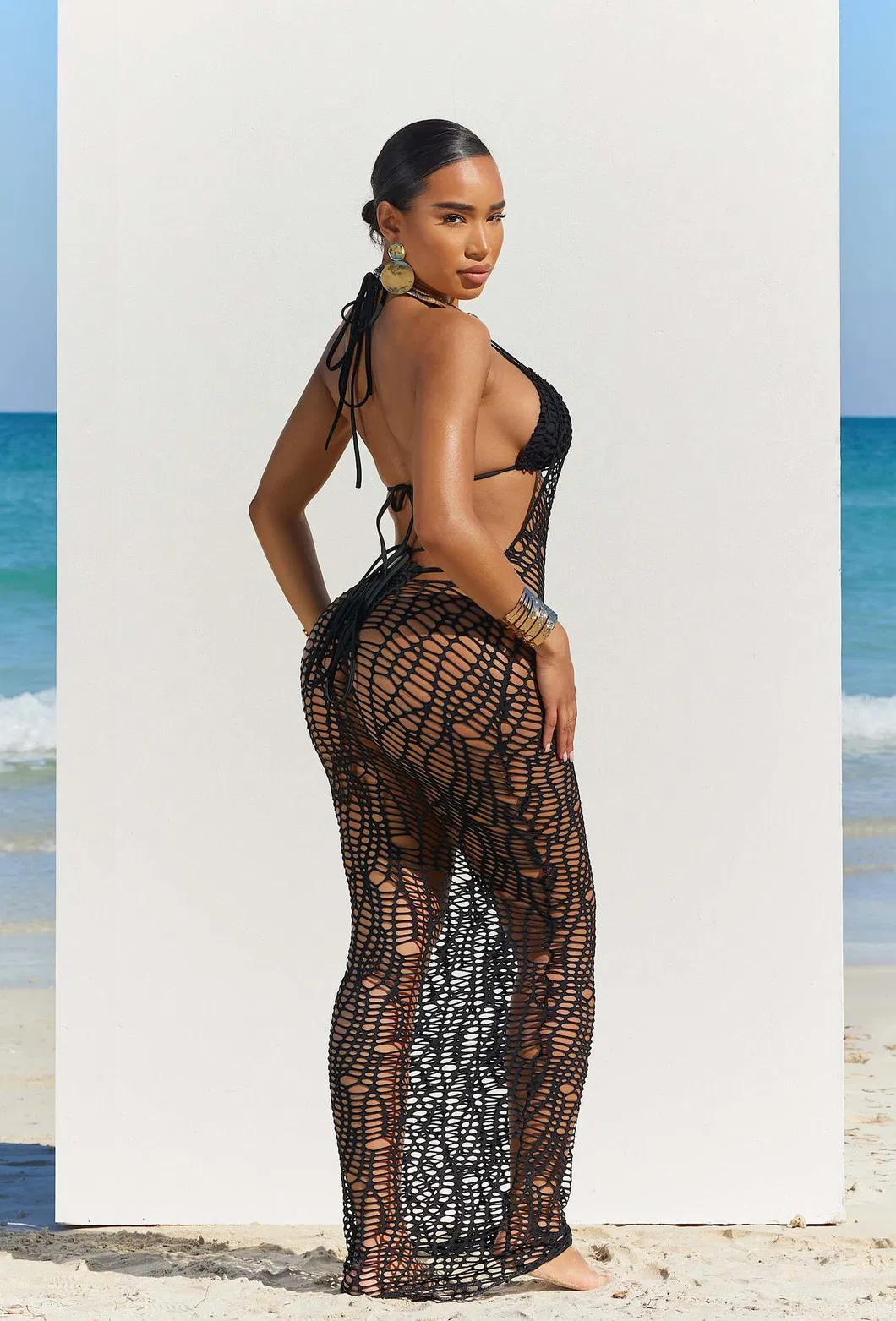 Women Long Dress Cutout Halter Solid Color Long Cover up