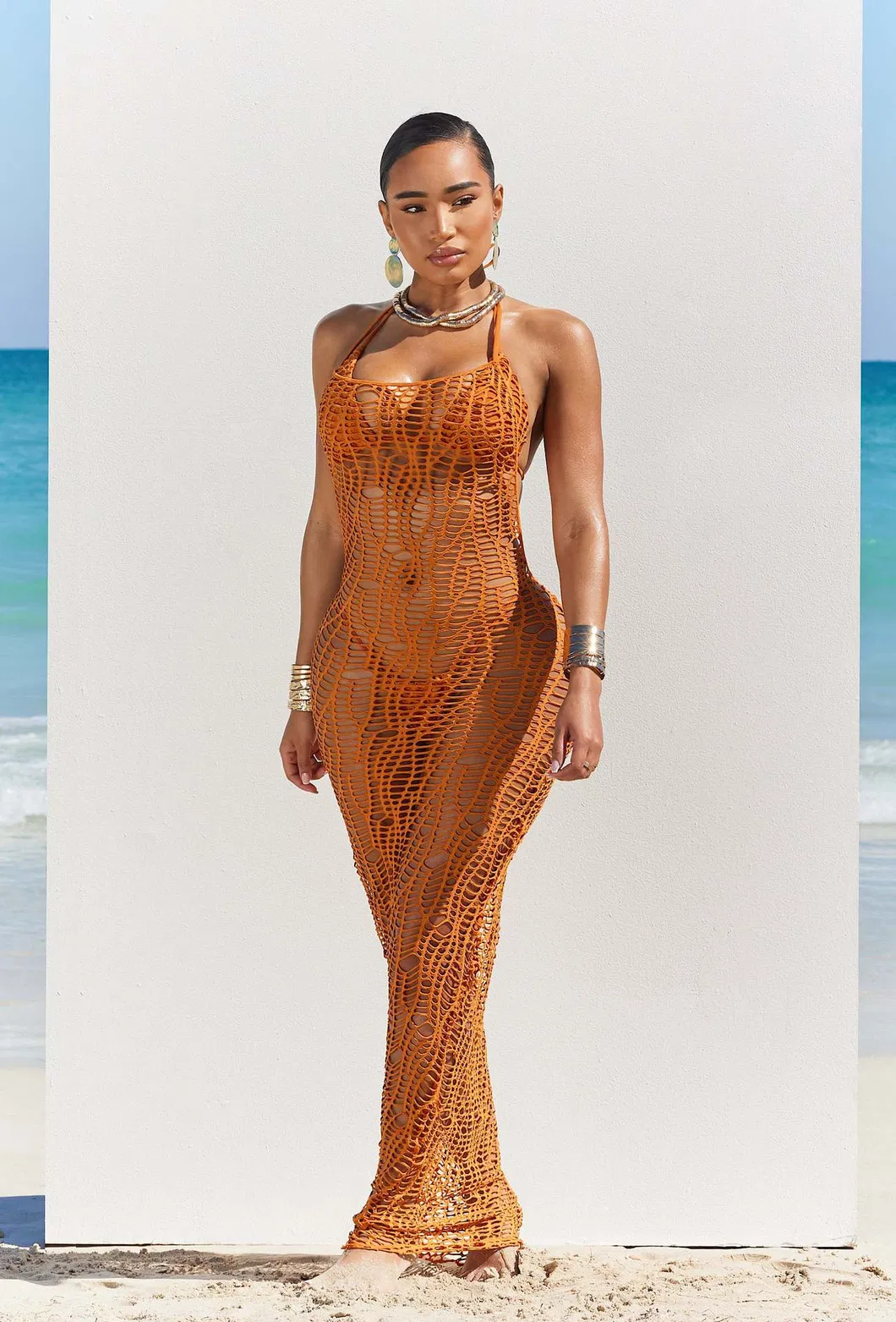 Women Long Dress Cutout Halter Solid Color Long Cover up