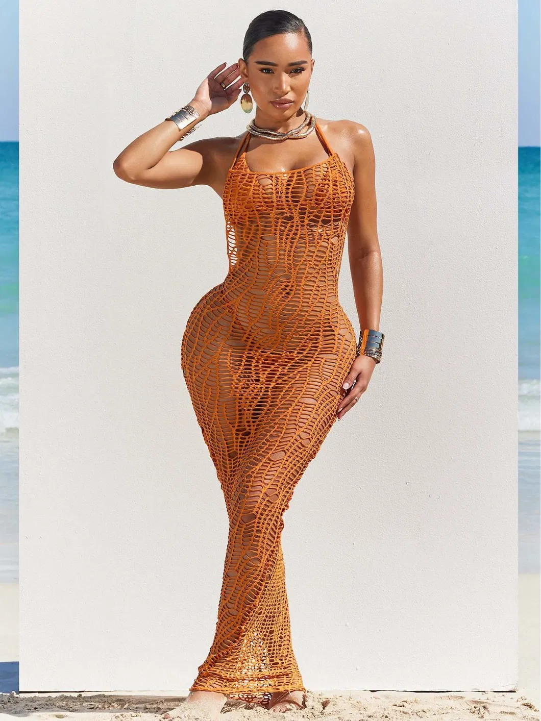 Women Long Dress Cutout Halter Solid Color Long Cover up