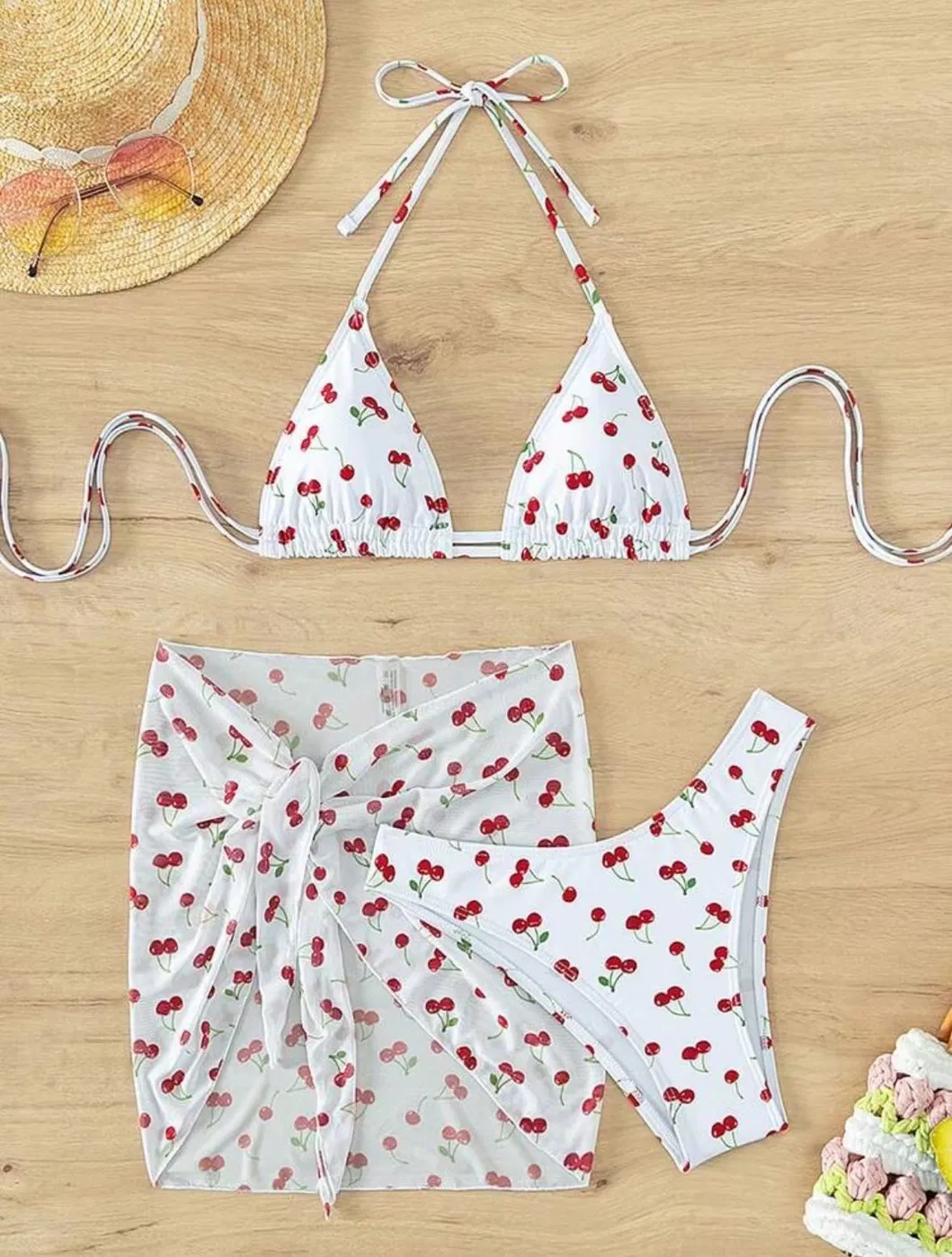 Cherry Print Mesh Skirt Women Halter Three Pieces Swimsuit