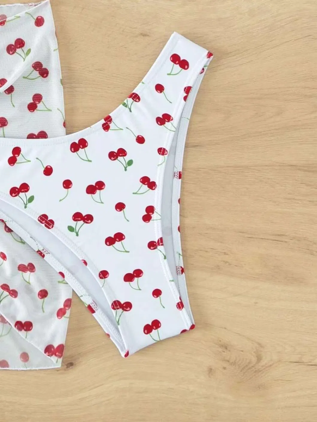 Cherry Print Mesh Skirt Women Halter Three Pieces Swimsuit