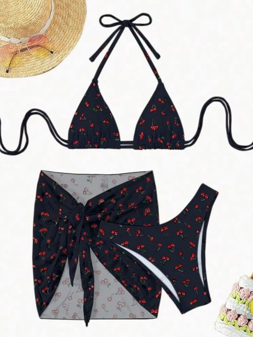 Cherry Print Mesh Skirt Women Halter Three Pieces Swimsuit