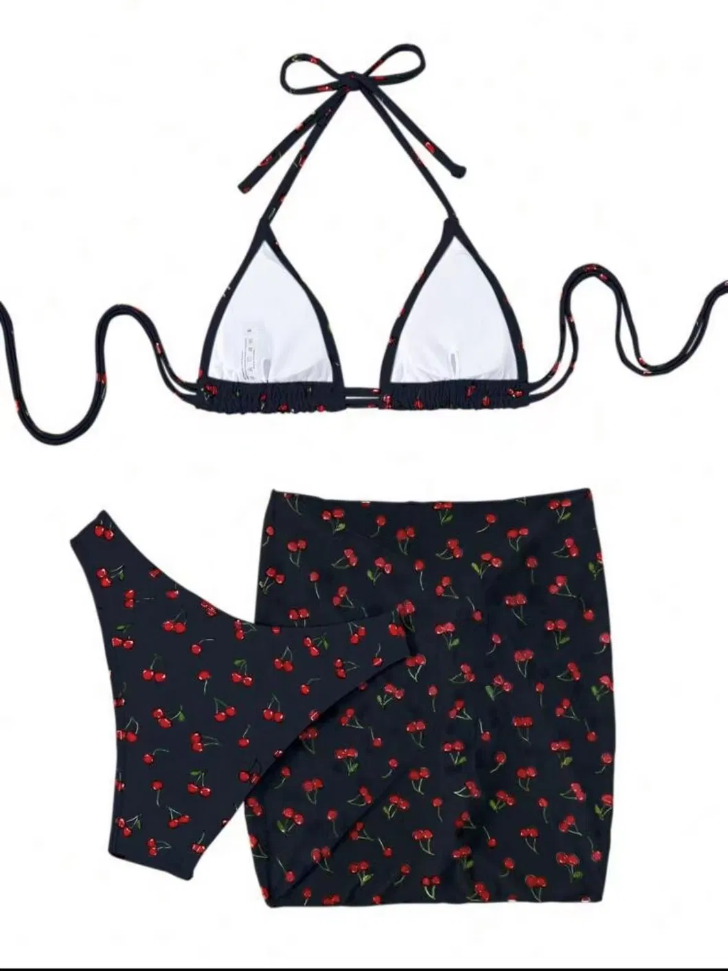 Cherry Print Mesh Skirt Women Halter Three Pieces Swimsuit