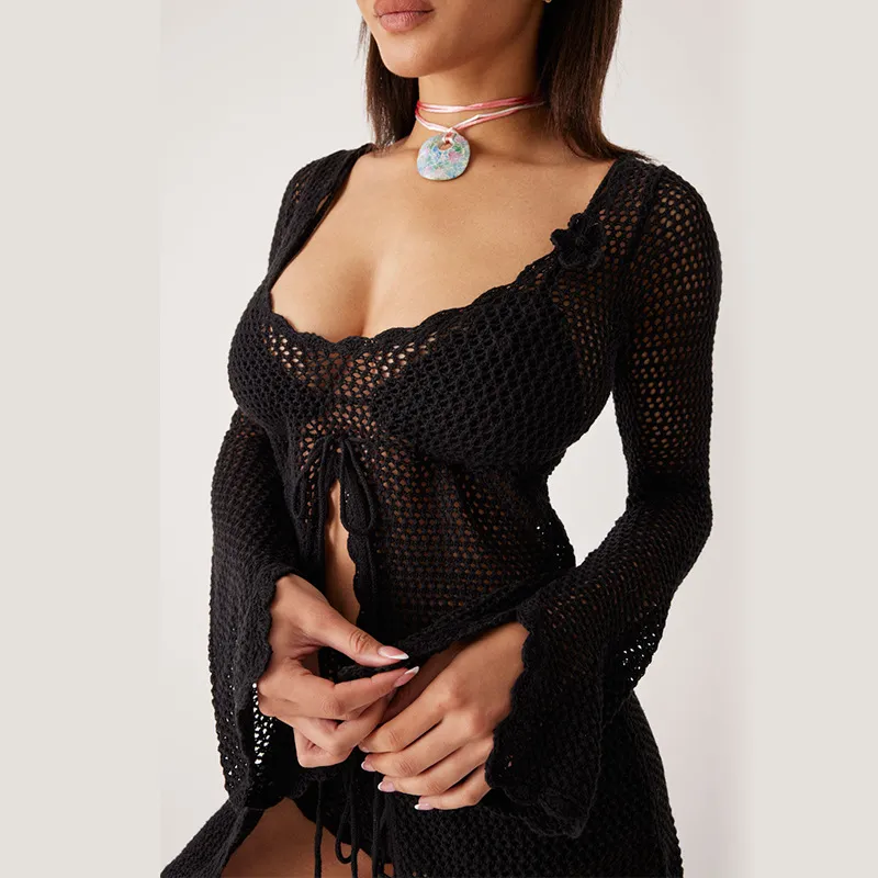 Women&prime;s Knitted Swimsuits with Long Sleeves Cover-up