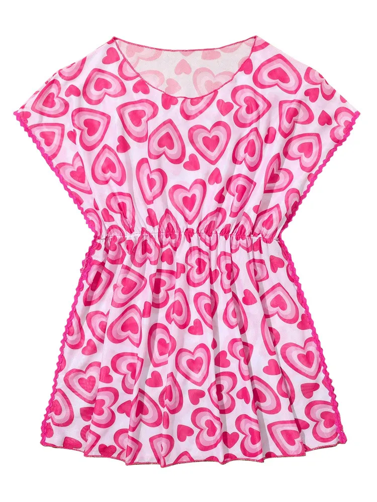 Girls Heart Print Loose Ruffles Cover up