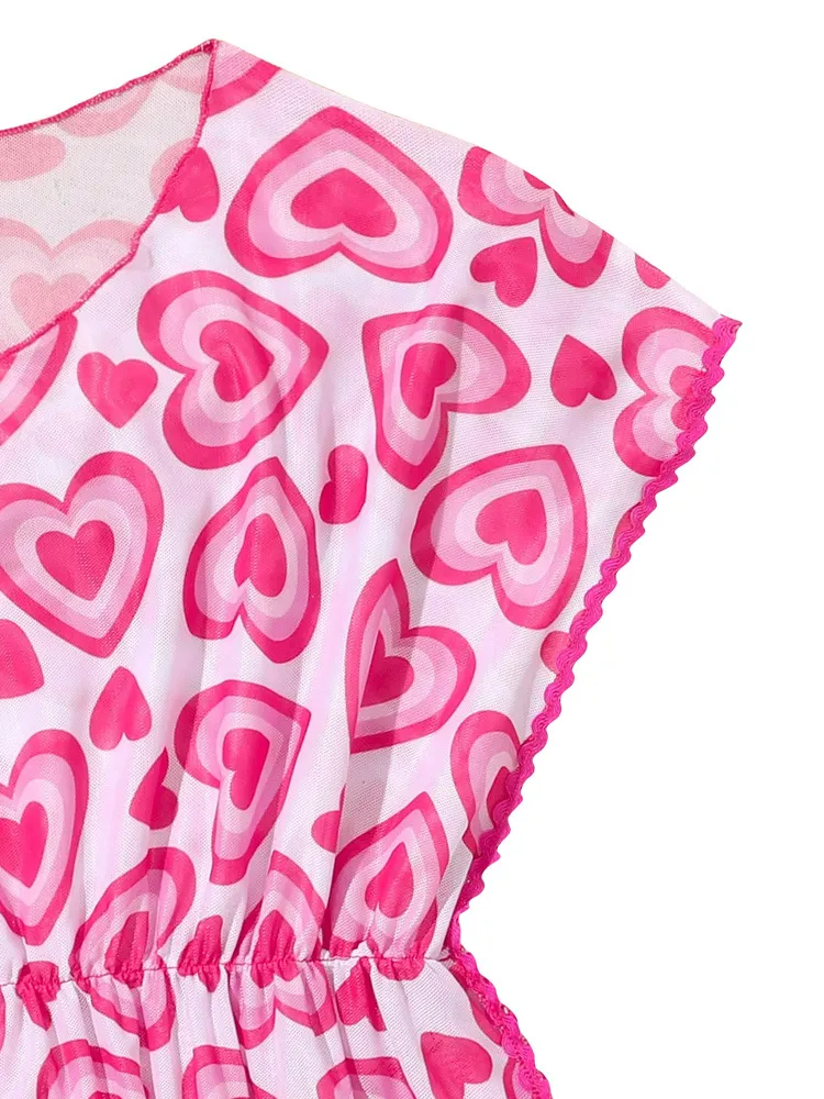 Girls Heart Print Loose Ruffles Cover up