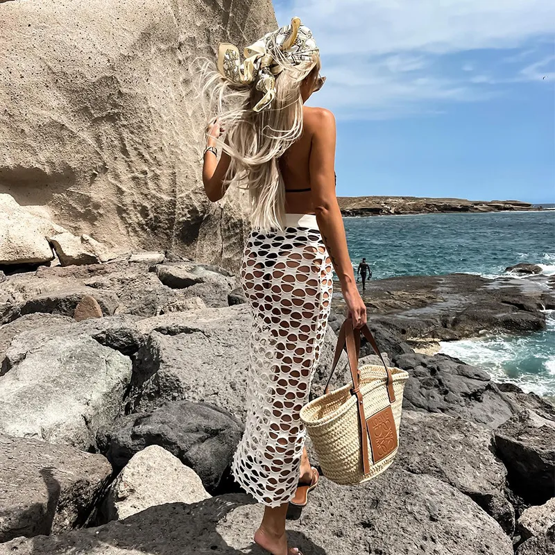 Women&prime;s Cut out White Casual Long Skirt Beach Cover up