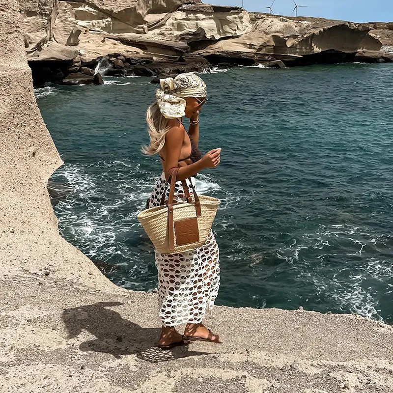 Women&prime;s Cut out White Casual Long Skirt Beach Cover up