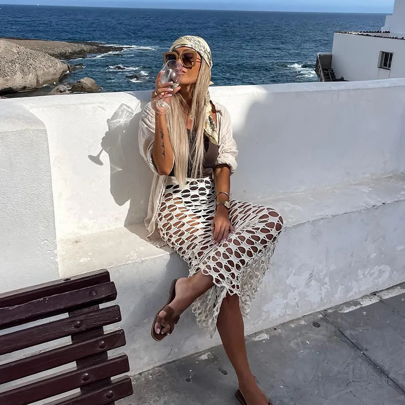 Women&prime;s Cut out White Casual Long Skirt Beach Cover up