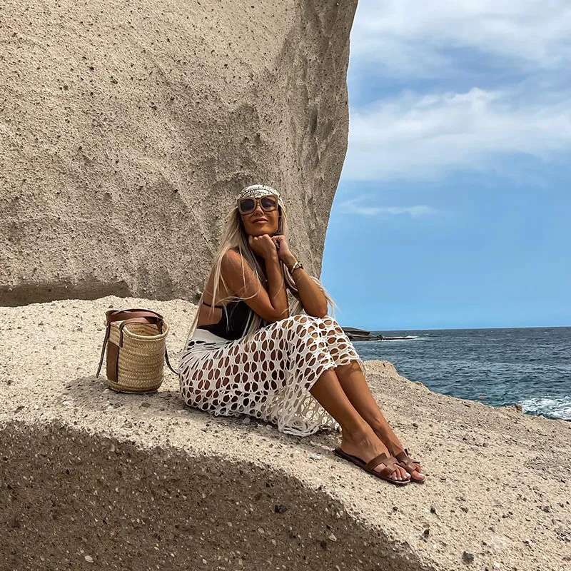 Women&prime;s Cut out White Casual Long Skirt Beach Cover up