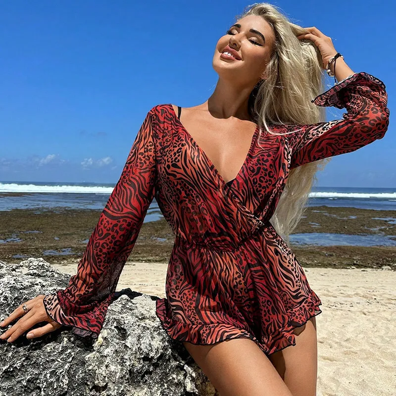 Women&prime;s Leopard Print Ruffle Sleeve Cover up