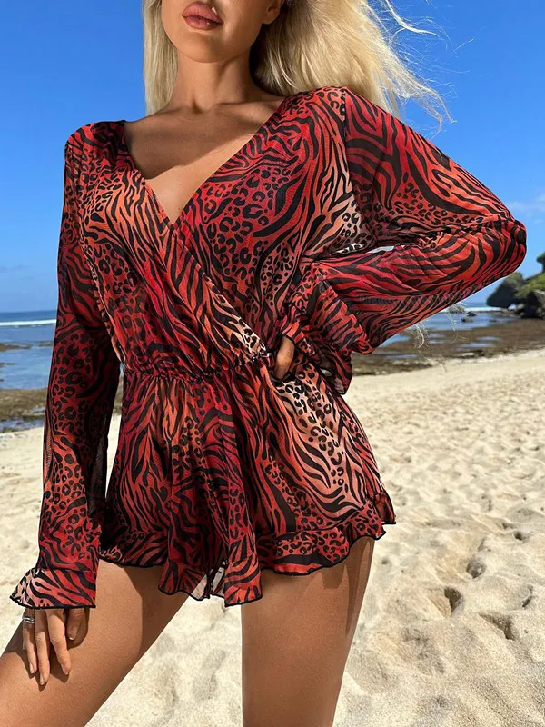 Women&prime;s Leopard Print Ruffle Sleeve Cover up