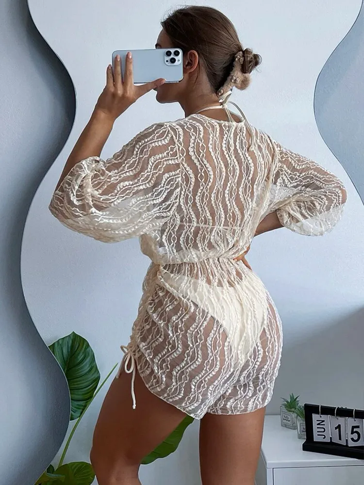 Women&prime;s Long Sleeve Mesh V Neck Drawing Cover up with Swimsuits