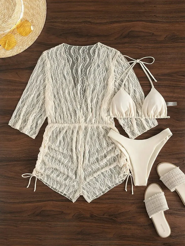 Women&prime;s Long Sleeve Mesh V Neck Drawing Cover up with Swimsuits