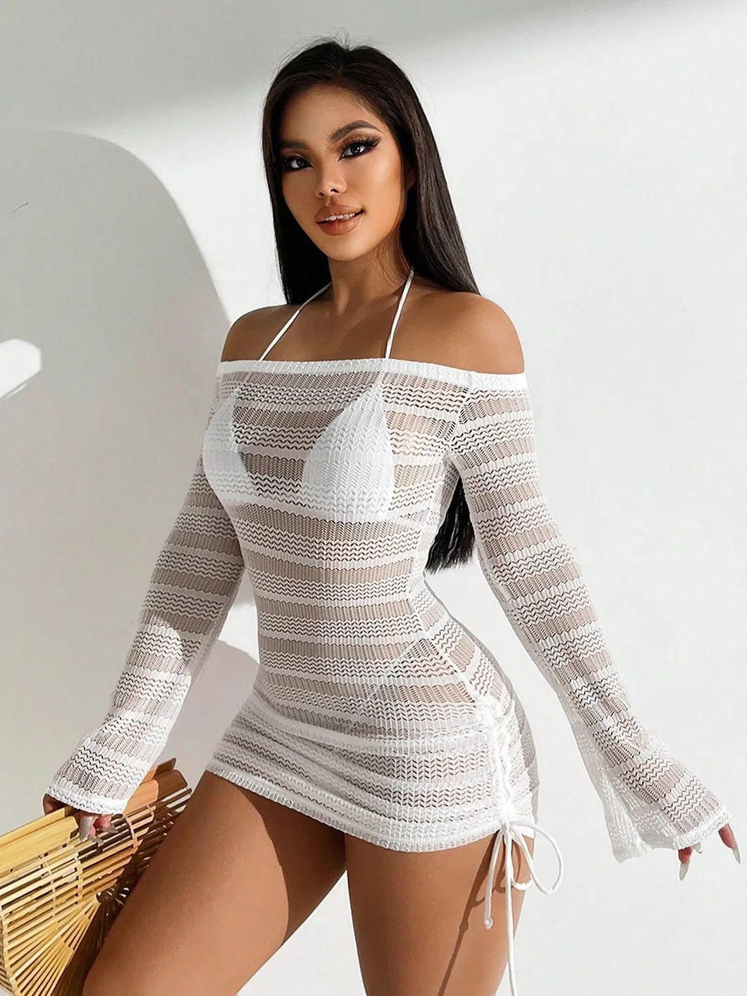 Women&prime;s Long Bell Sleeve Mesh Skirt off Shoulder Cover up Three Pieces Swimsuits