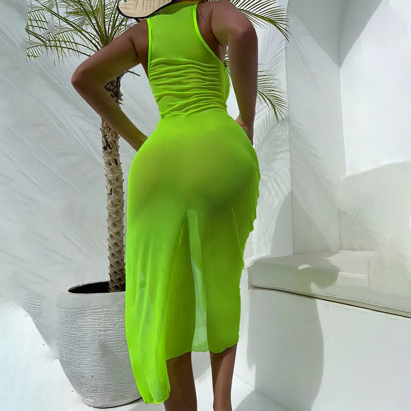 Women&prime;s Mesh Neon Green Slit Maxi Beach Cover up