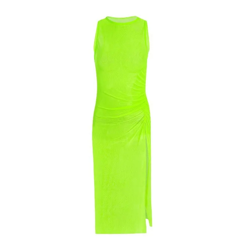 Women&prime;s Mesh Neon Green Slit Maxi Beach Cover up