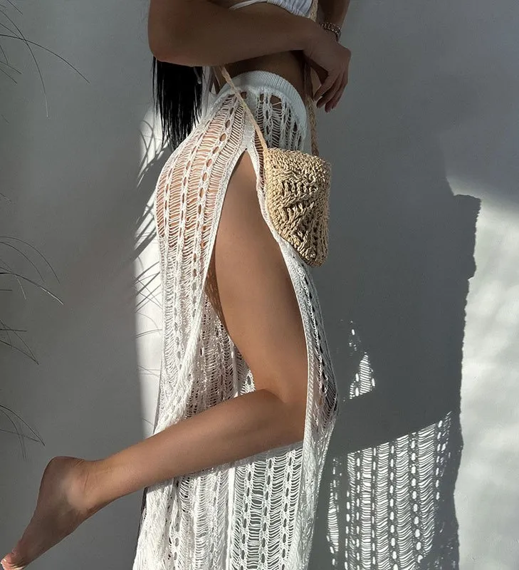 Women Solid Color Knitted Slit Panty Beach Cover up