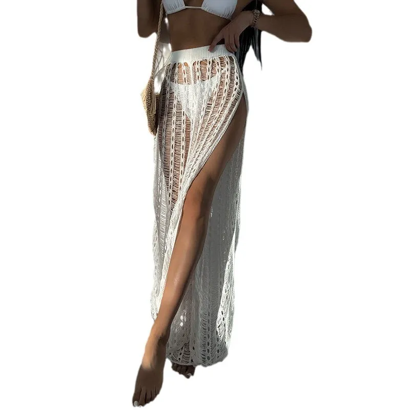 Women Solid Color Knitted Slit Panty Beach Cover up