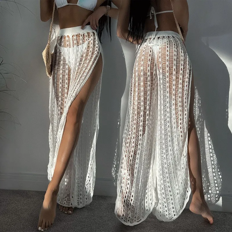 Women Solid Color Knitted Slit Panty Beach Cover up
