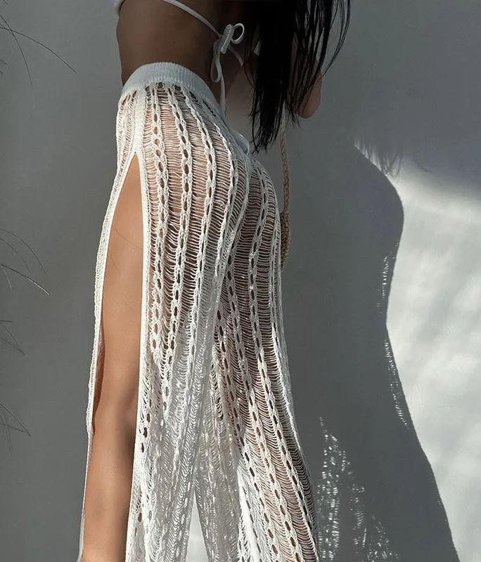 Women Solid Color Knitted Slit Panty Beach Cover up