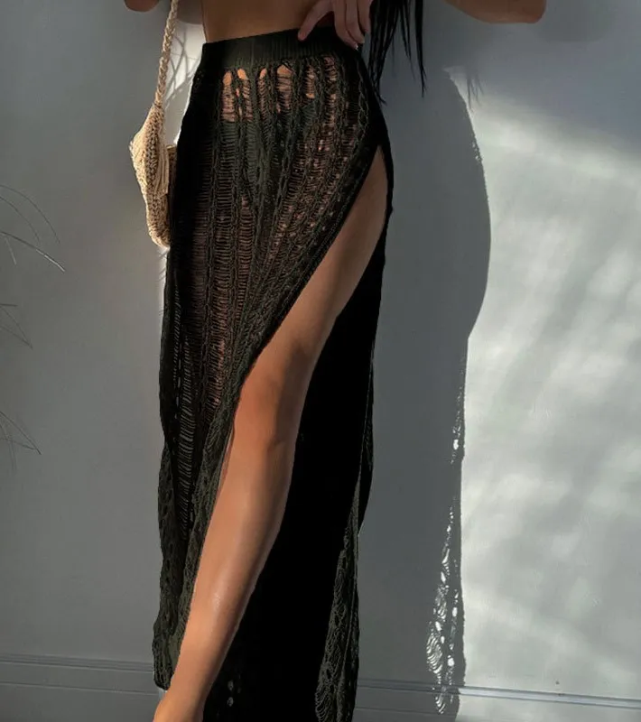 Women Solid Color Knitted Slit Panty Beach Cover up