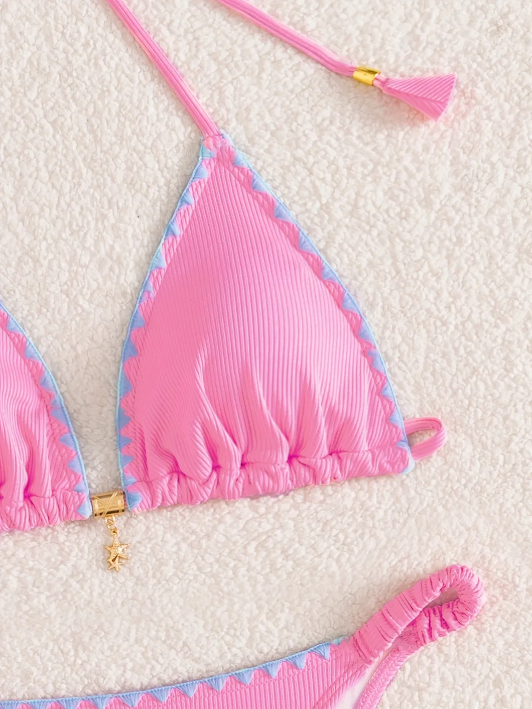 Pink Halter Two Piece Bikini with Contrasting Ruffle and Gold Charm