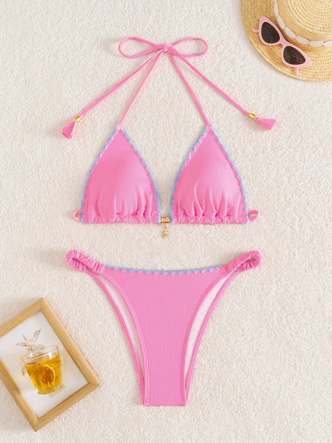 Pink Halter Two Piece Bikini with Contrasting Ruffle and Gold Charm