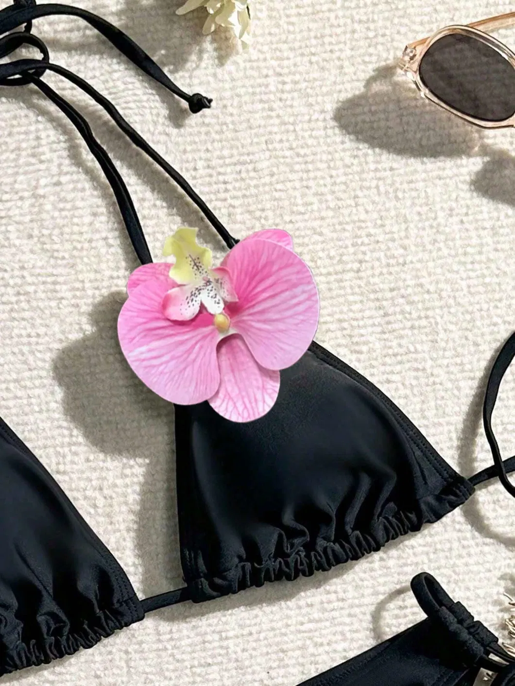 Women Black Two Pieces Bikini with 3D Orchid Flower
