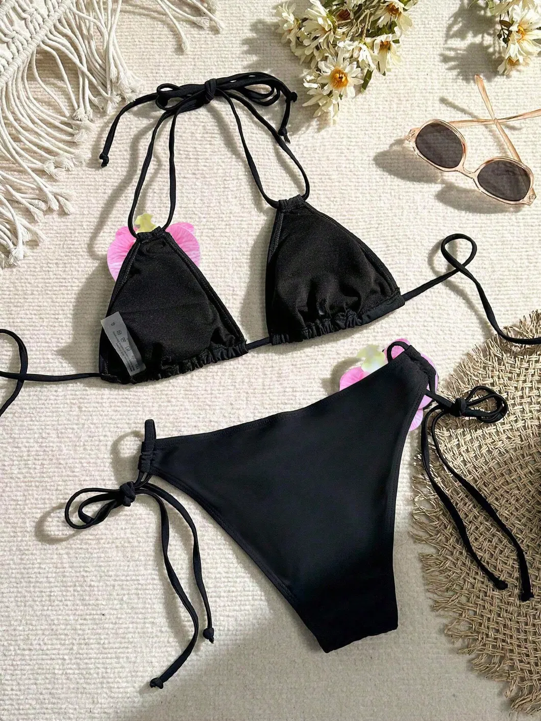 Women Black Two Pieces Bikini with 3D Orchid Flower
