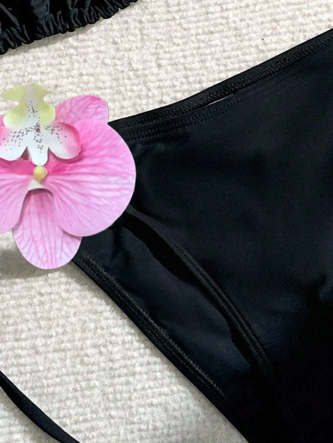 Women Black Two Pieces Bikini with 3D Orchid Flower