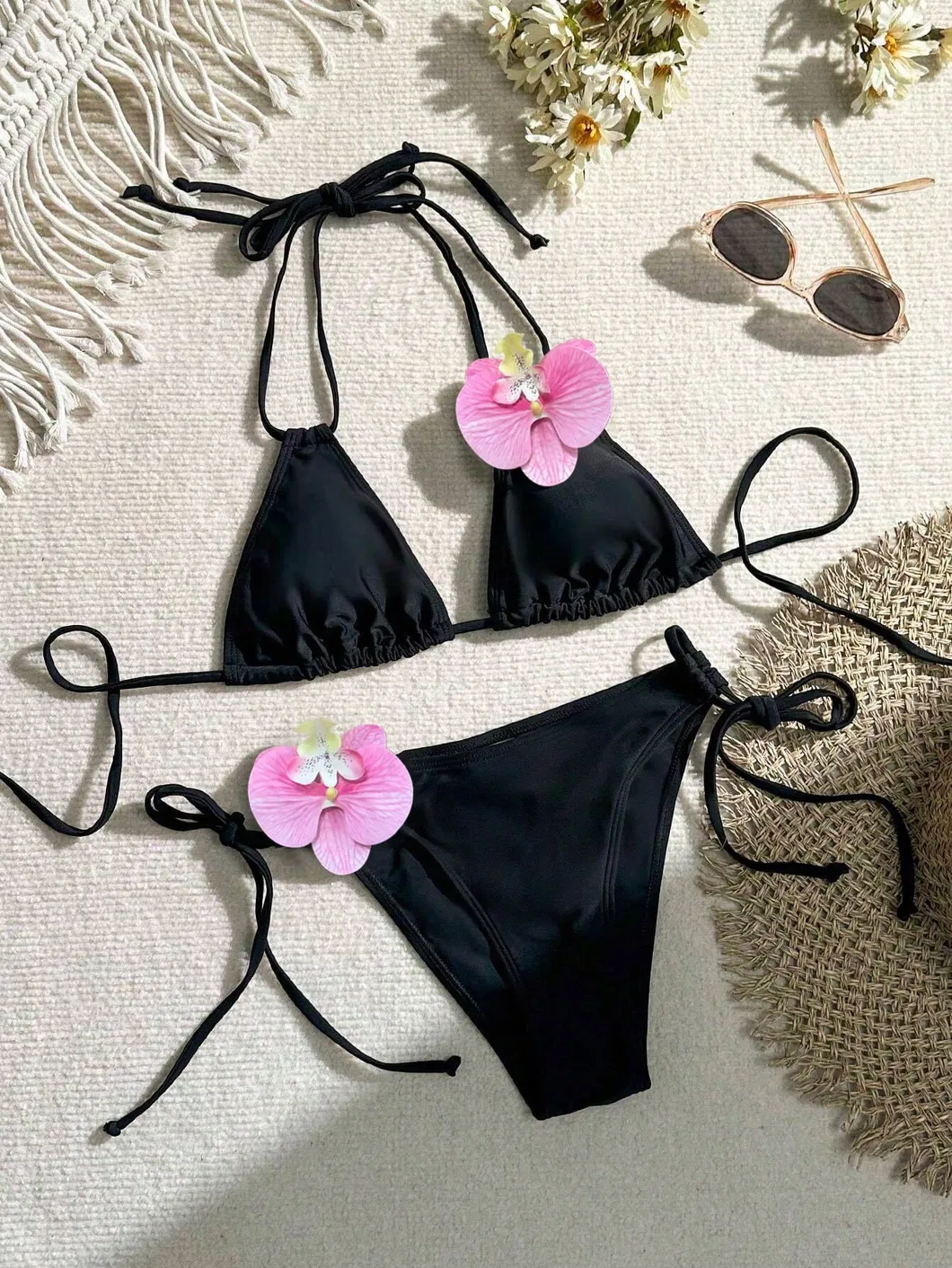 Women Black Two Pieces Bikini with 3D Orchid Flower