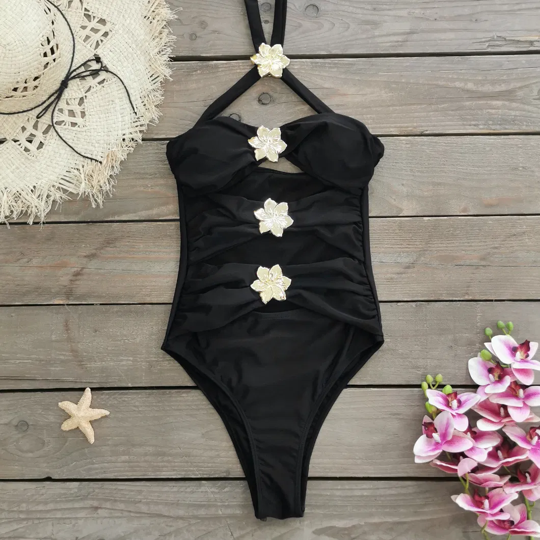 Cut out Three Pieces Swimsuits with Golden Flower Hardware