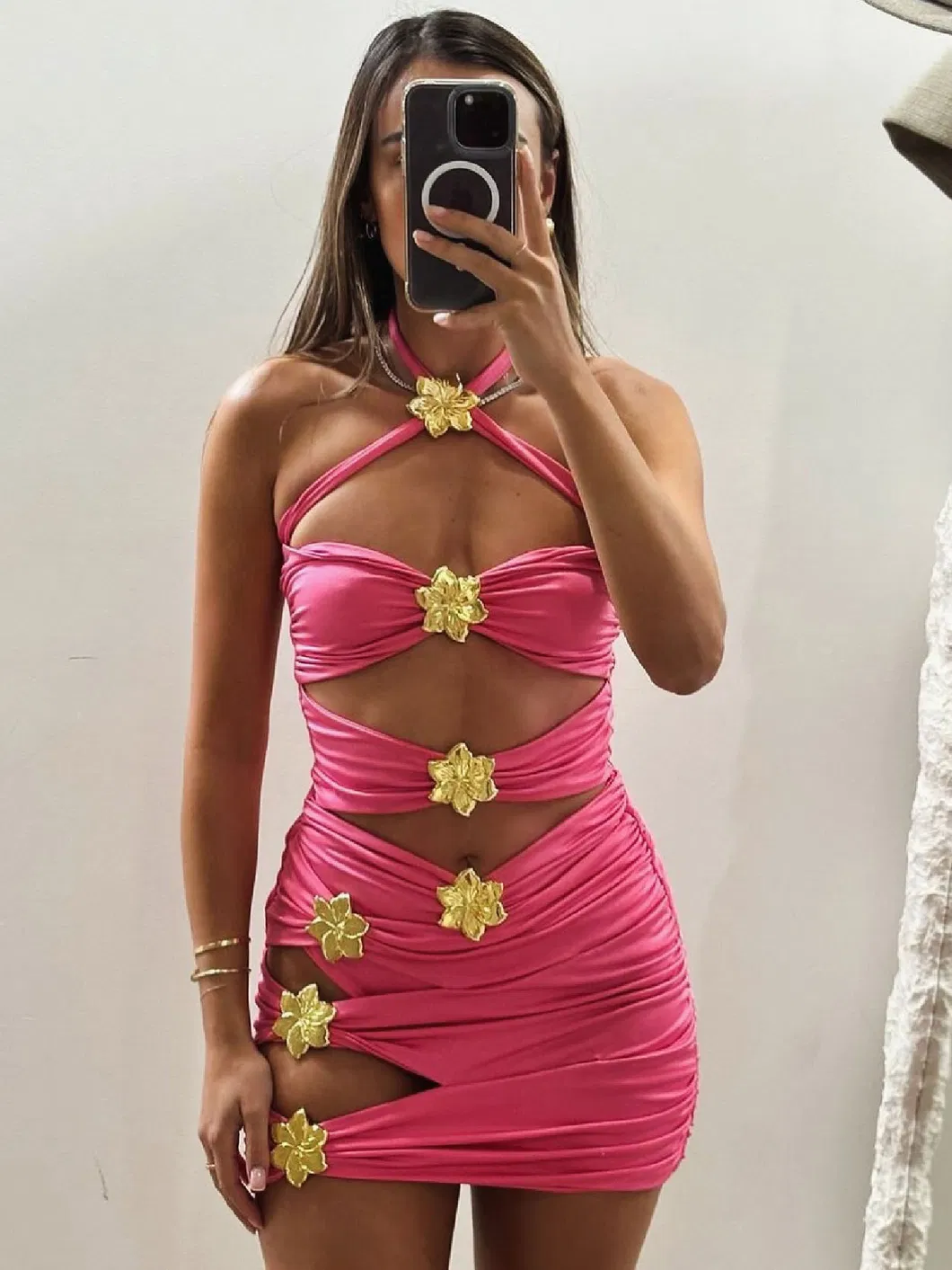 Cut out Three Pieces Swimsuits with Golden Flower Hardware