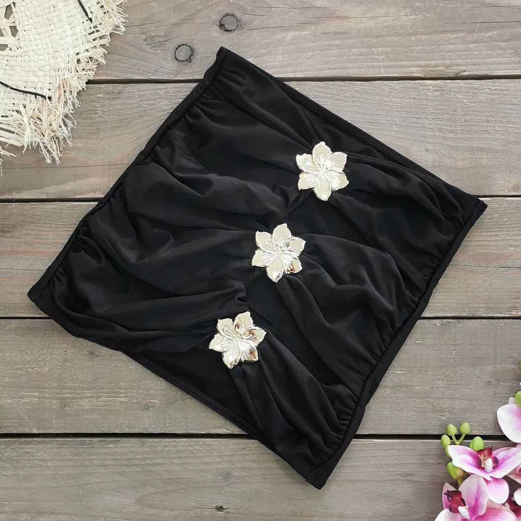 Cut out Three Pieces Swimsuits with Golden Flower Hardware