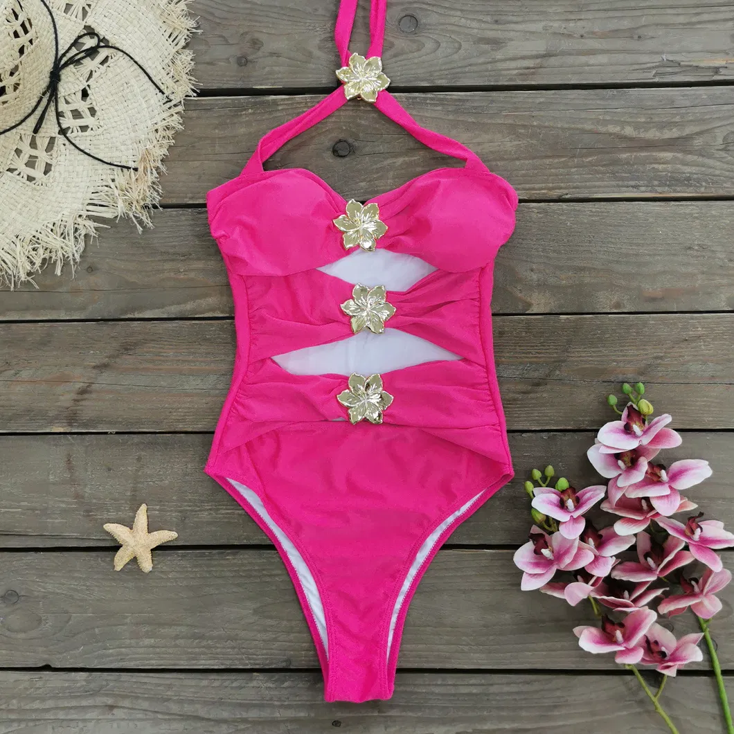 Cut out Three Pieces Swimsuits with Golden Flower Hardware