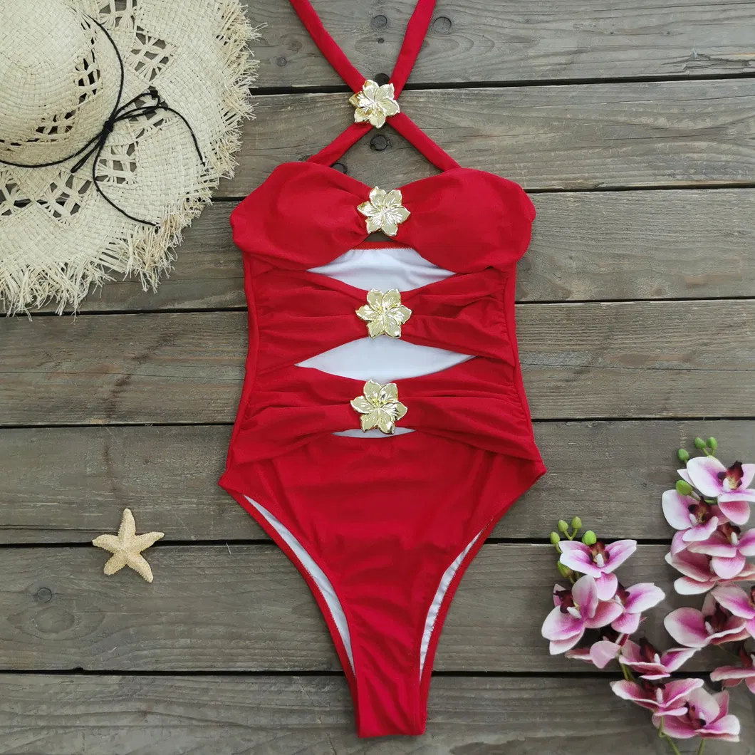 Cut out Three Pieces Swimsuits with Golden Flower Hardware