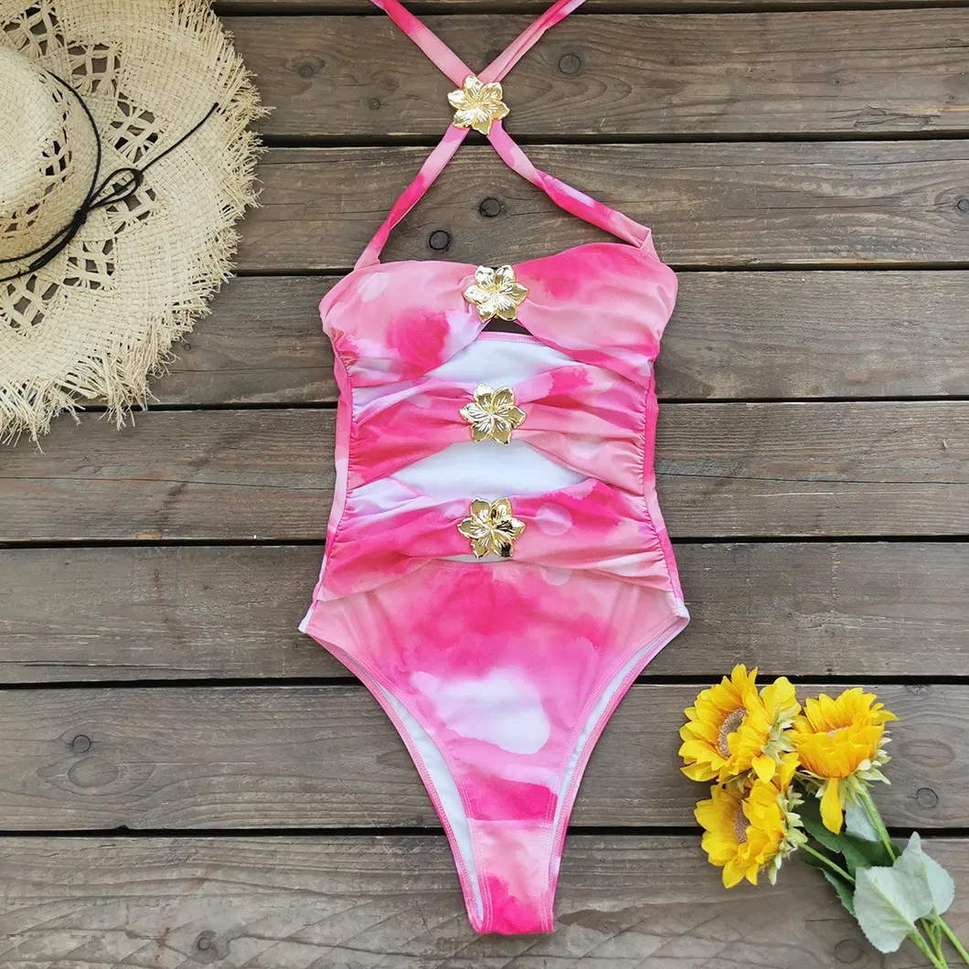 Cut out Three Pieces Swimsuits with Golden Flower Hardware